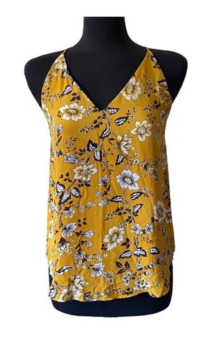 LOFT Outlet Gold Gray Floral Spaghetti Strap Lined Top Size Petite Small